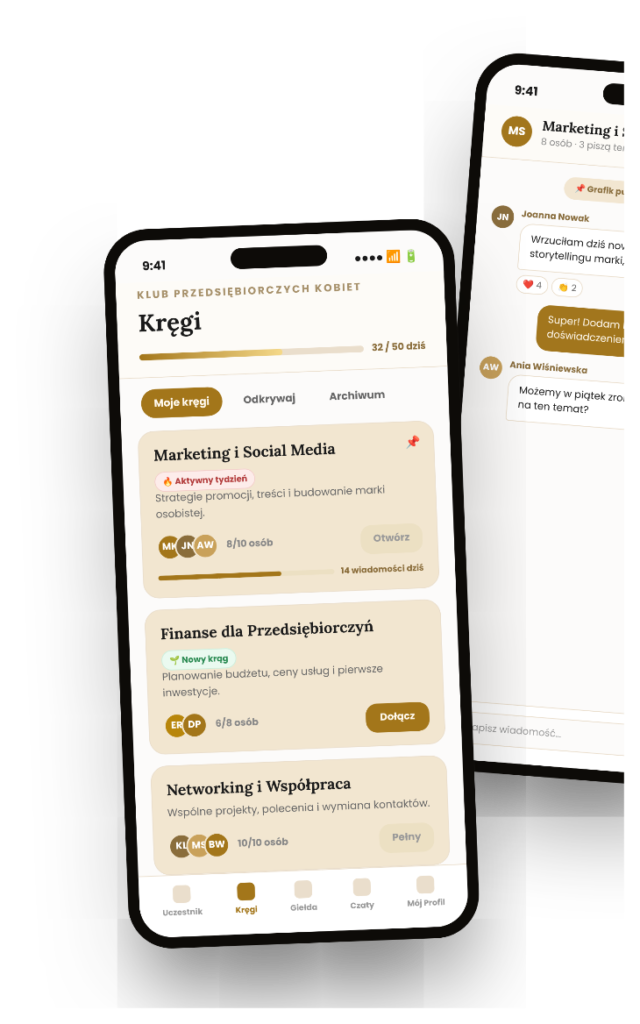 Aplikacja Twój Biznes app na telefonie — lista kręgów mastermind i czat grupowy